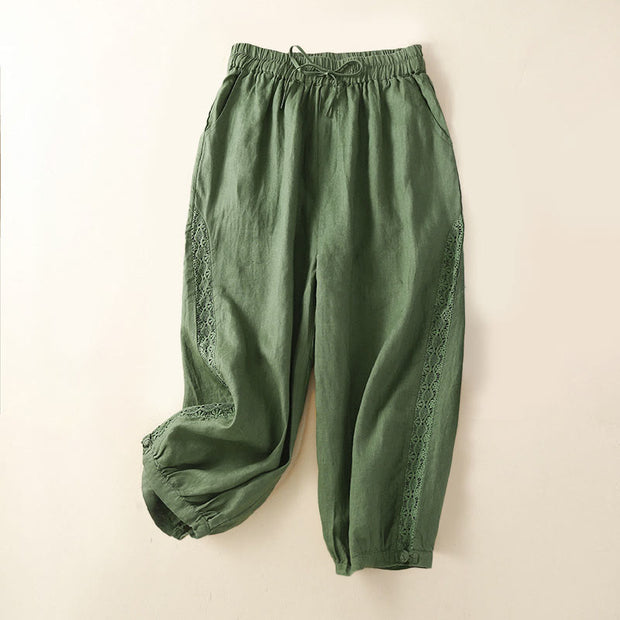 Buddha Stones Solid Color Flower Loose Drawstring Harem Pants With Pockets Harem Pants BS Green 2XL(Waist 74-112cm/Hips 122cm/Length 79cm)