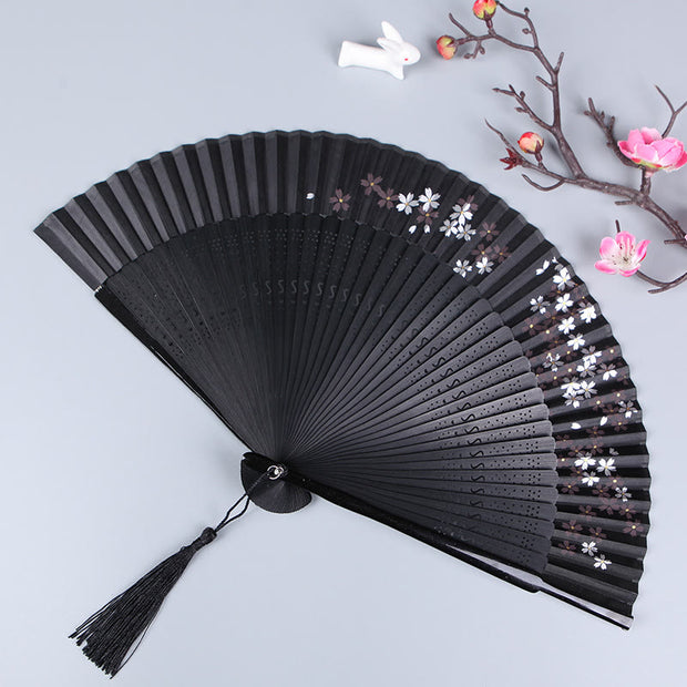 Buddha Stones Cherry Blossom Sakura Camellia Handheld Silk Bamboo Folding Fan 21cm 1
