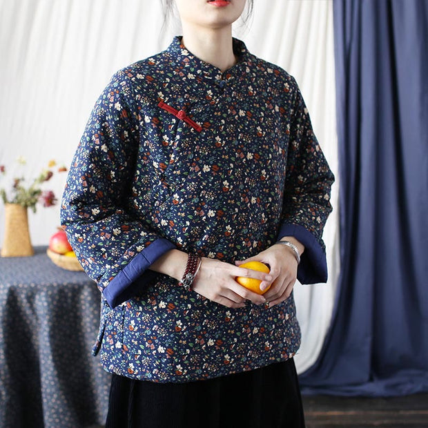 Buddha Stones Flowers Cotton Linen Jacket Shirt Chinese Northeast Style Winter Clothing 60