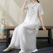 Buddha Stones 2Pcs Flower Embroidery Short Sleeve Tee T-shirt Wide Leg Pants Set 2-Piece Outfit BS 12