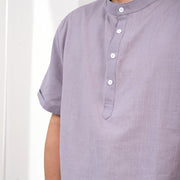 Buddha Stones Men's Plain Color Short Sleeve Half Button Cotton Linen Shirt Men's Shirts BS 8