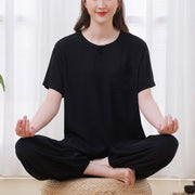 Buddha Stones 2Pcs Half Sleeve T-Shirt Pants Meditation Zen Tai Chi Cotton Linen Clothing Unisex Set 15