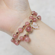Buddha Stones Natural Strawberry Quartz Love Healing Maple Leaf Charm Double Wrap Bracelet
