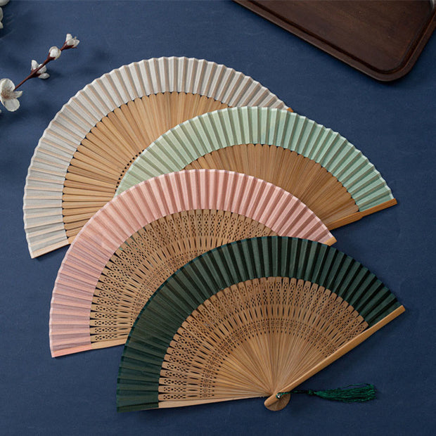 Buddha Stones Solid Color Handheld Silk Bamboo Folding Fan 21cm