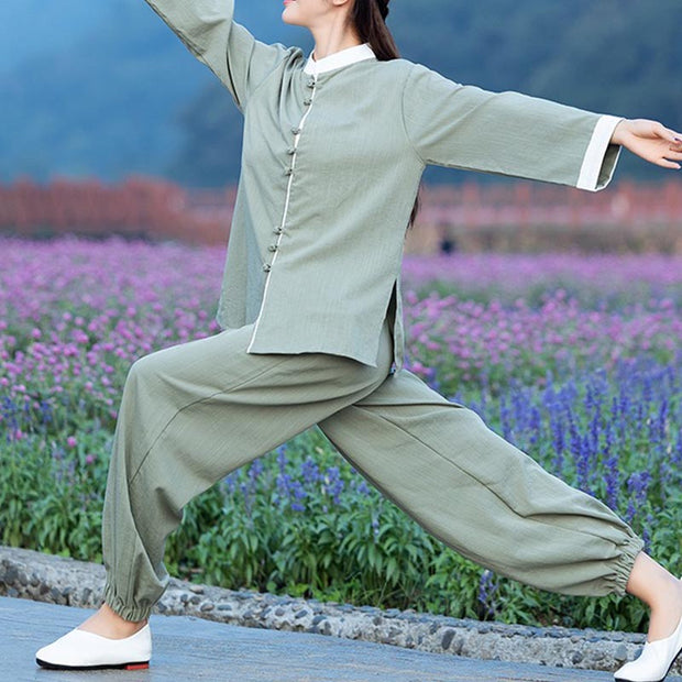 Buddha Stones 2Pcs Tang Suit Top Pants Meditation Yoga Zen Tai Chi Cotton Linen Clothing Women's Set Clothes BS 3