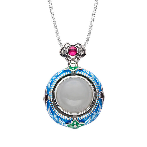 Buddha Stones 925 Sterling Silver Blue Enamel Round Hetian Jade Luck Necklace Pendant Ring Set Bracelet Necklaces & Pendants BS 6