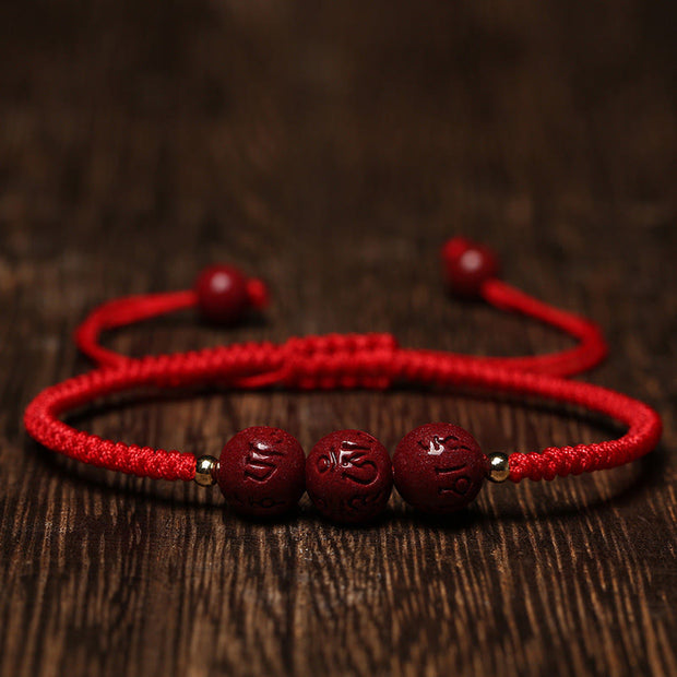 Buddha Stones Handmade Cinnabar Om Mani Padme Hum Engraved Beads Blessing Braided Bracelet Bracelet BS Red Rope(Wrist Circumference 14-16cm)