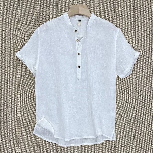 Buddha Stones Solid Color Short Sleeve Button Shirt Linen Men Clothing