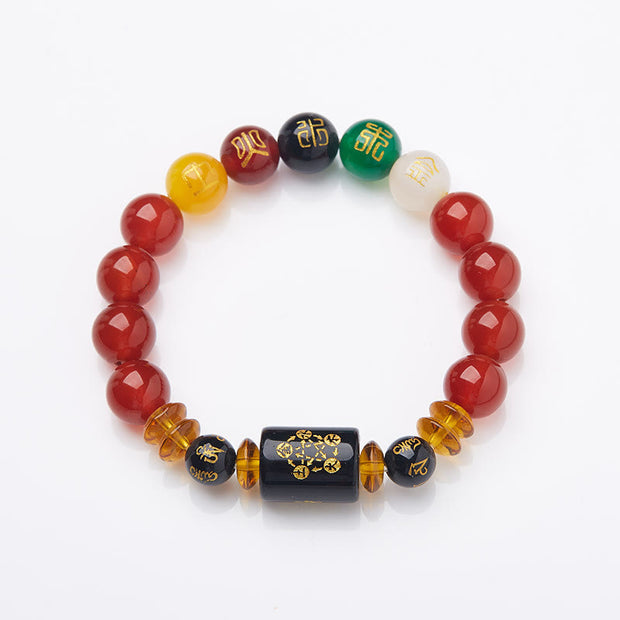 Buddha Stones Five Elements Black Onyx Red Agate Wisdom Wealth Bracelet Bracelet BS 23