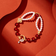 Buddha Stones 18K Gold Plated Copper Natural Red Agate Pearl Koi Fish Confidence Bracelet Necklace Pendant Earrings Set Bracelet Necklaces & Pendants BS Bracelet(Wrist Circumference 14-16.5cm)