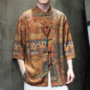 Buddha Stones Landscape Chinese Dragon Pattern Chinese Three Quarter Sleeve Shirt Men T-shirt