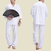 Buddha Stones Meditation Prayer V-neck Design Cotton Linen Spiritual Zen Practice Yoga Clothing Men's Set Clothes BS 13