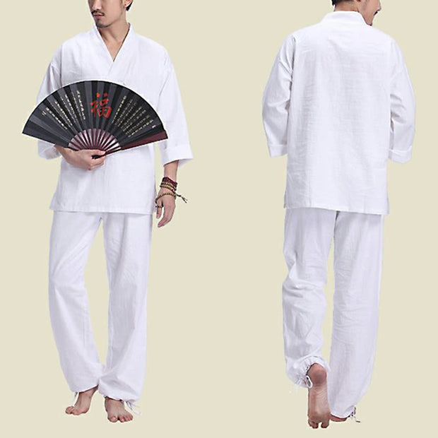 Buddha Stones Meditation Prayer V-neck Design Cotton Linen Spiritual Zen Practice Yoga Clothing Men's Set Clothes BS 13