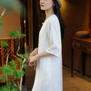 Buddha Stones Flower Jacquard Half Sleeve Chinese Cheongsam Midi Dress With Pockets