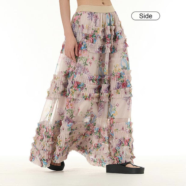Buddha Stones Colorful Flowers Loose Mesh Tulle Skirt See-Through Design 6