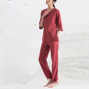 Buddha Stones Yoga Meditation Prayer V-neck Design Cotton Linen Clothing Uniform Zen Practice Women's Set Clothes BS 15