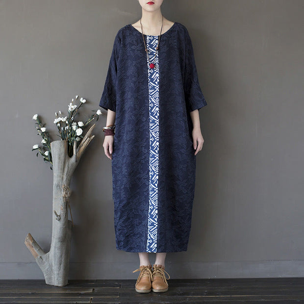 Buddha Stones Blue Flowers Embroidery Jacquard Midi Dress Three Quarter Sleeve Cotton Dress With Pockets 17