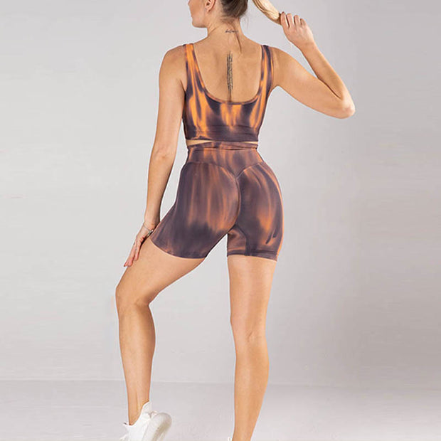 Buddha Stones 2Pcs Tie Dye Print Seamless Crop Top Bra Shorts Sports Fitness Gym Yoga Outfits