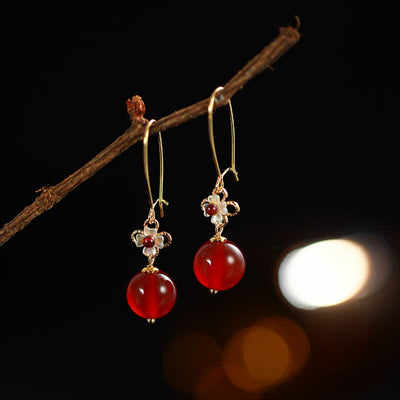 Buddha Stones 925 Sterling Silver Red Agate Flower Beaded Confidence Earrings
