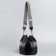 Buddha Stones Beach Geometry Straw Woven Bucket Tassels Crossbody Bag Shoulder Bag