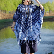 Buddha Stones Blue Striped Floral Indigo Dyeing Shawl Tassels Cozy Pullover 90*95cm 2