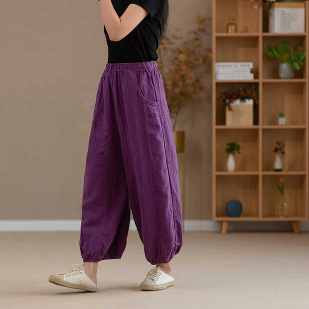 Buddha Stones Ramie Linen Flexible Waistband Yoga Harem Pants With Pockets Harem Pants BS 3