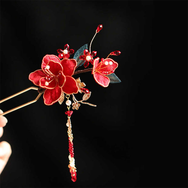 Buddha Stones Classical Chinese Style Red Flower Butterfly Tassel Hair Comb Hairpin