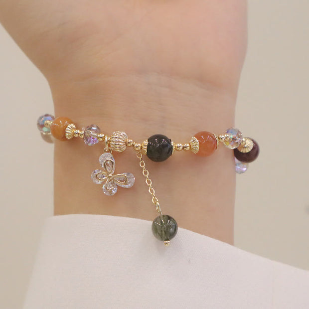 Buddha Stones Natural Fu Lu Shou Rainbow Crystal Rutilated Quartz Wealth Butterfly Charm Bracelet