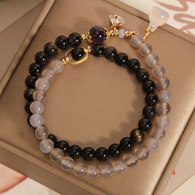 Buddha Stones Gold Sheen Obsidian Gray Agate Lotus Charm Strengthen Double Wrap Bracelet