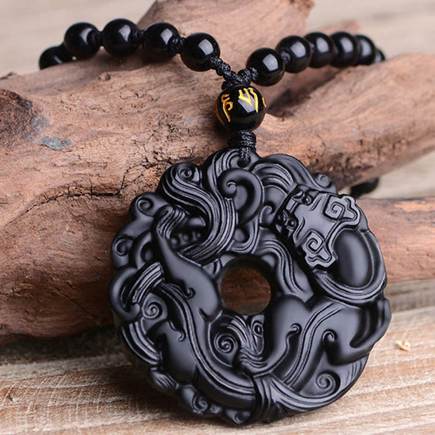 Buddha Stones Natural Black Obsidian Peace Buckle Pixiu Purification Necklace Pendant Necklaces & Pendants BS 10