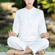 Buddha Stones 2Pcs Half Sleeve Shirt Top Pants Meditation Zen Tai Chi Cotton Linen Clothing Women's Set Women's Meditation Cloth BS 11