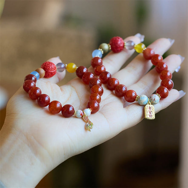 Buddha Stones Natural Red Agate Peace Talisman Fu Character Dragon Tail Confidence Charm Bracelet Bracelet BS 11