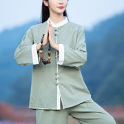 Buddha Stones 2Pcs Tang Suit Top Pants Meditation Yoga Zen Tai Chi Cotton Linen Clothing Women's Set Clothes BS 5