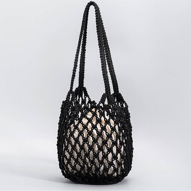Buddha Stones Hand-woven Cotton Thread Shoulder Bag Handbags Shoulder Bag&Handbags BS Black 23*15*27cm