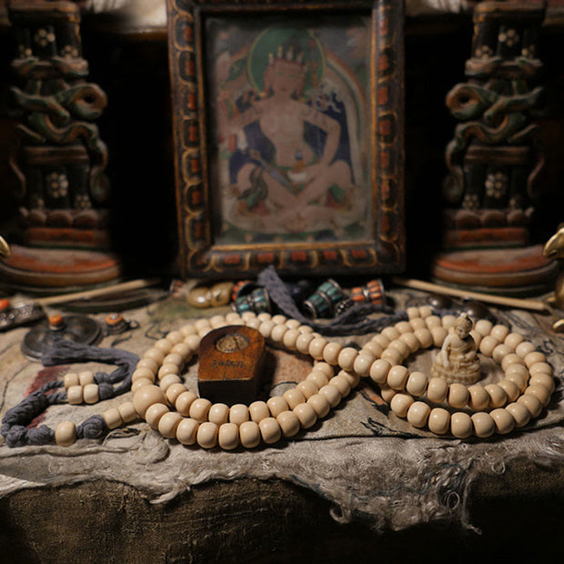 Buddha Stones 108 Mala Beads Abelia Biflora Wood Warding Off Evil Spirits Wrist Mala Mala Bracelet BS 1