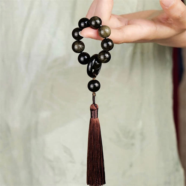 Buddha Stones Black Obsidian Strength Tassel Wrist Mala
