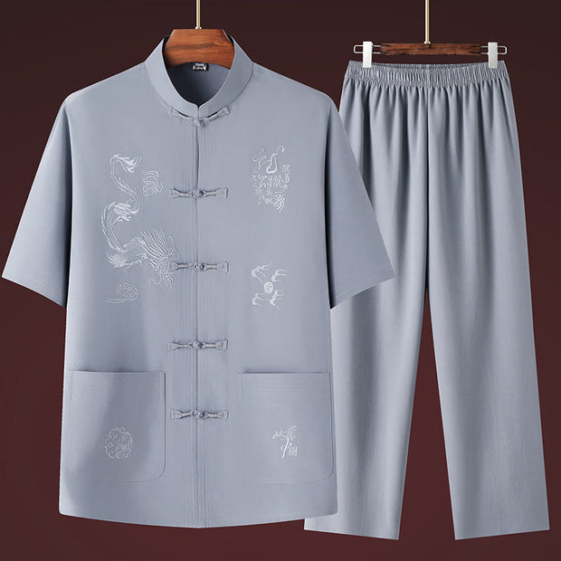 Buddha Stones Tang Suit Hanfu Chinese Dragon Traditional Kung Fu Uniform Short Sleeve Tops and Pants Clothing Men's Set