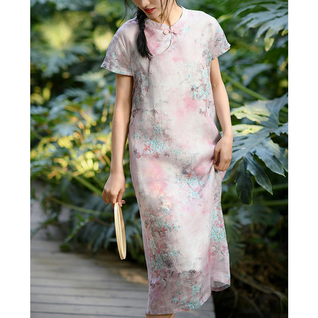 Buddha Stones Flowers Plant Short Sleeve Ramie Linen Chinese Cheongsam Midi Dress With Pockets