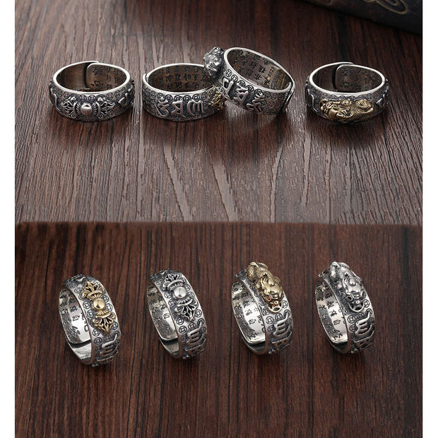 Buddha Stones Tibetan 990 Sterling Silver Om Mani Padme Hum PiXiu Dorje Vajra Heart Sutra Engraved Wealth Ring Ring BS 17