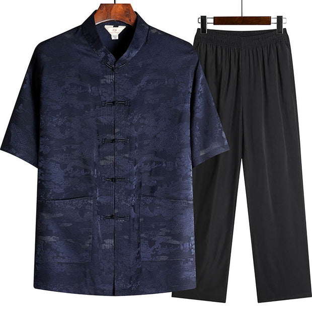 Buddha Stones Pine Tree Pavilion Garden Tang Suit Hanfu Traditional Uniform Short Sleeve Top Pants Clothing Men's Set 10