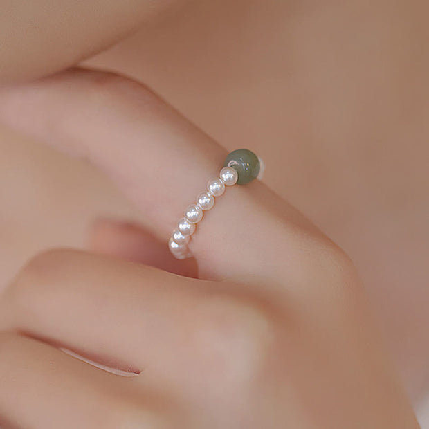 Buddha Stones Round Jade Pearl Beads Luck Ring Ring BS Dark Color Jade