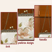 Buddha Stones Orchids Oriental Cherry Butterfly Embroidery Metal Handle Handbag