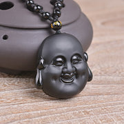 Buddha Stones Natural Black Obsidian Laughing Buddha Purification Necklace Pendant