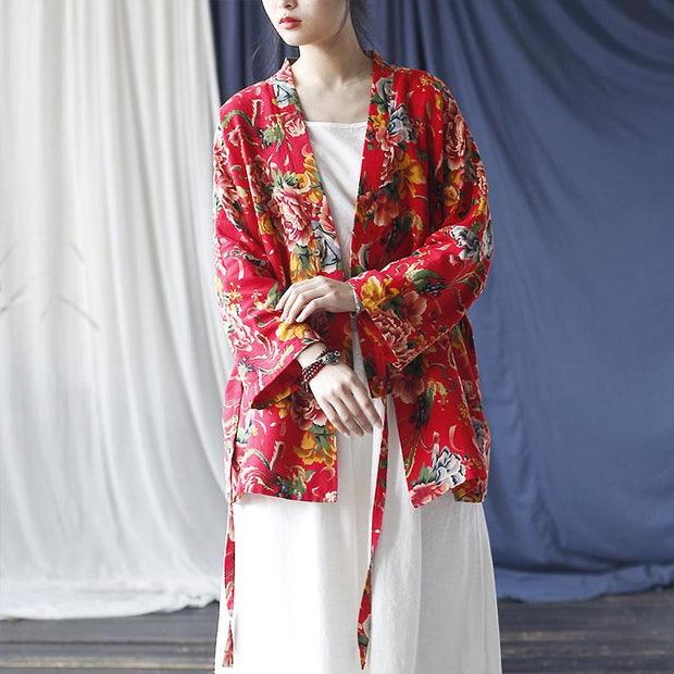 Buddha Stones Ethnic Style Northeast Red Flower Peony Print Cotton Linen Lace Up Jacket 22