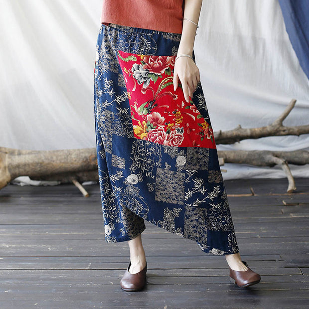 Buddha Stones Red Peony Blue Bamboo Chrysanthemum Patchwork Cotton Linen Harem Pants With Pockets 8