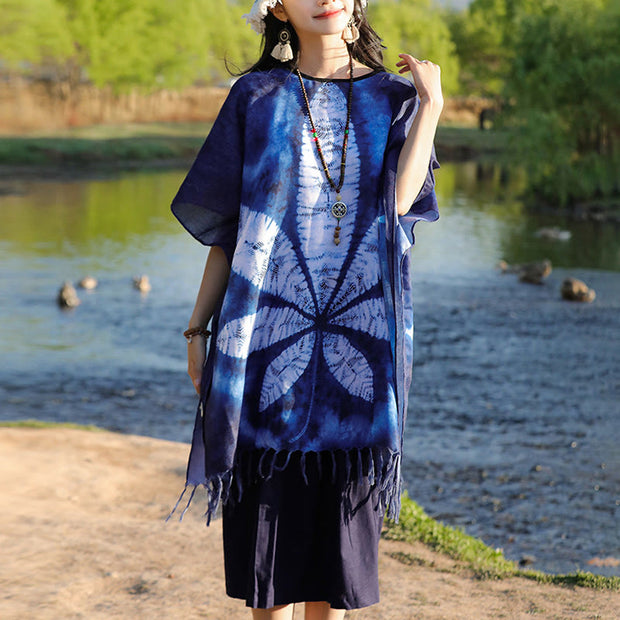 Buddha Stones Blue Batik Shawl Tassels Maple Leaf Cozy Travel Pullover 95*90cm 3