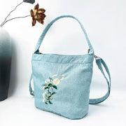 Buddha Stones Embroidery Wisteria Plum Lotus Cherry Blossom Cotton Linen Canvas Tote Crossbody Bag Shoulder Bag Handbag 13