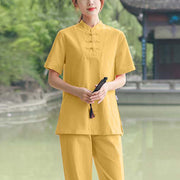 Buddha Stones 2Pcs Women's Short Sleeve Shirt Top T-Shirt Pants Meditation Zen Tai Chi Cotton Linen Clothing Set Women's Meditation Cloth BS Yellow(Top&Pants) 6XL(Bust 128cm/Waist 78-114cm/Hips 134cm)