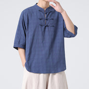 Buddha Stones Frog-Button Plaid Pattern Chinese Tang Suit Half Sleeve Shirt Cotton Linen Men Clothing Men's Shirts BS 1