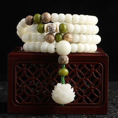 Buddha Stones White Jade Bodhi Lotus Mala Harmony Necklace Bracelet Bracelet BS main